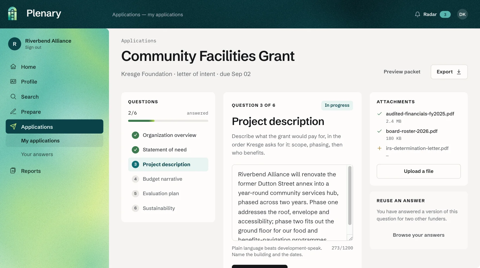 Plenary applications screen — Community Facilities Grant draft