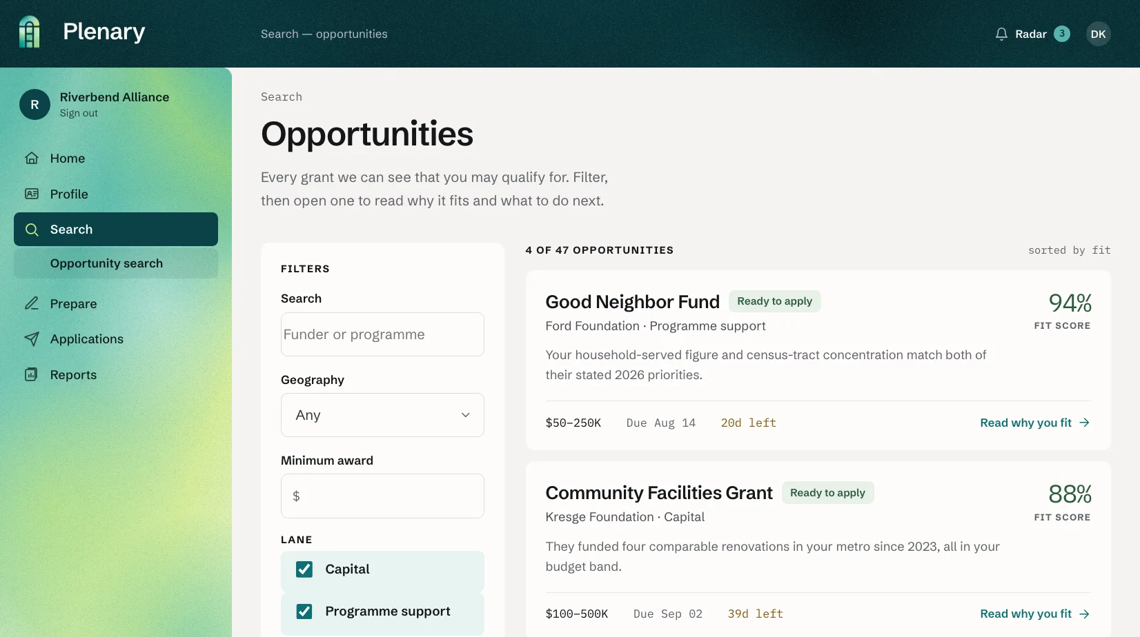 Plenary search screen — 47 funders match your profile